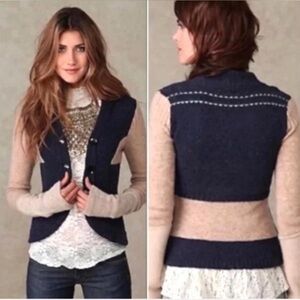 Free People Fitted V-Neck‎ Cardigan Sweater, Navy Tan Boho Cottagecore Romantic